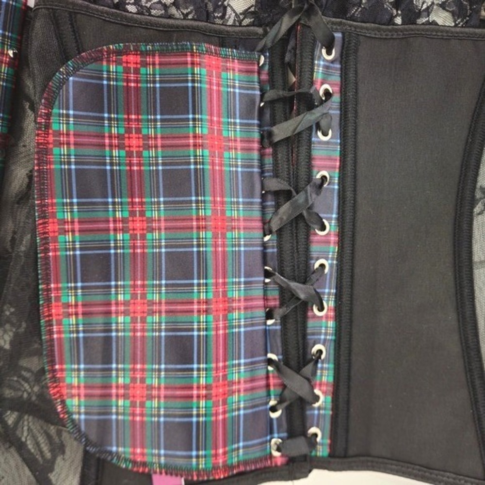 Victoria's Secret Adore Me Plaid Corset Lingerie Set Bustier Black Lace Boned Lg - Picture 12 of 16